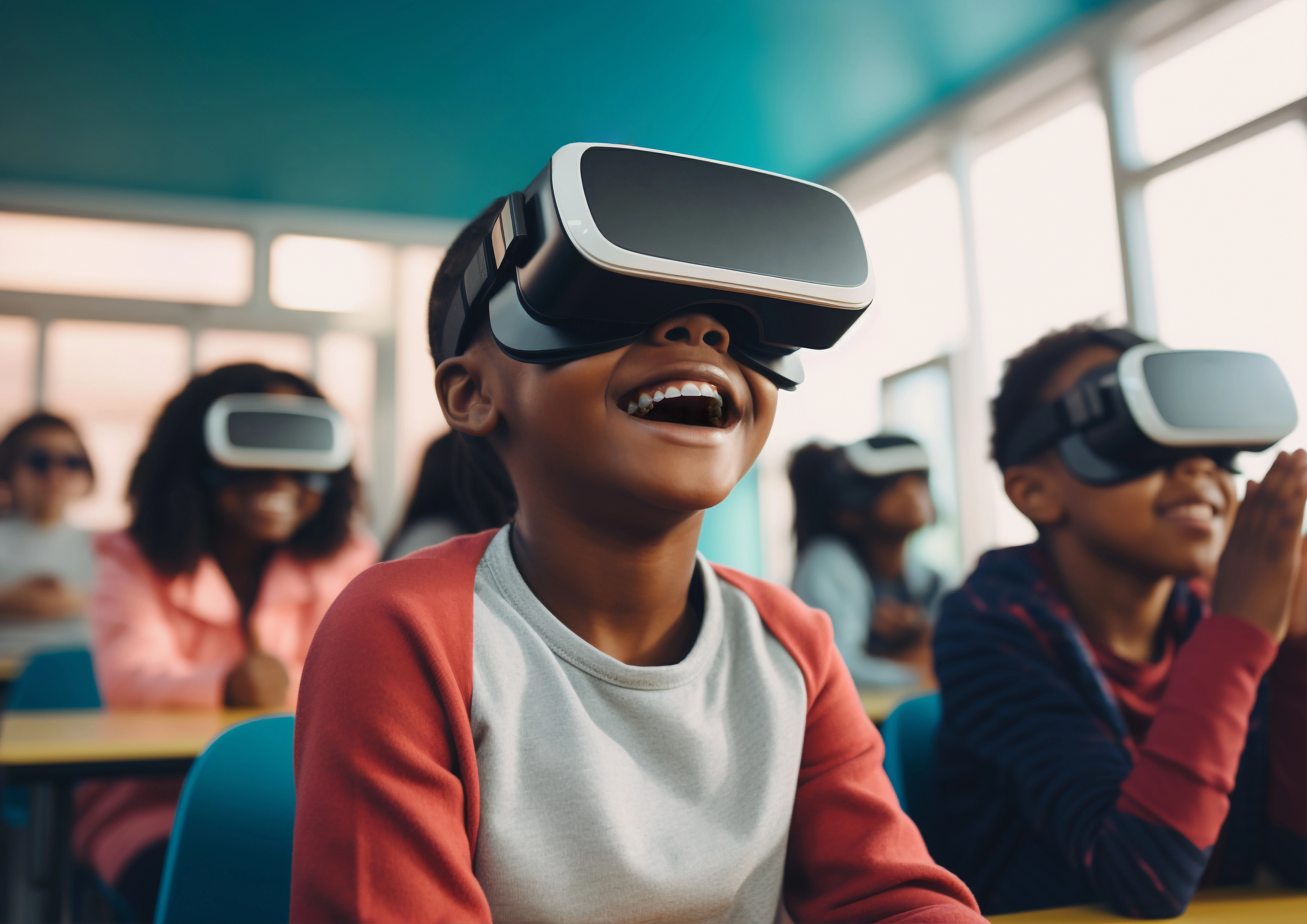 Students using virtual reality technology in a classroom