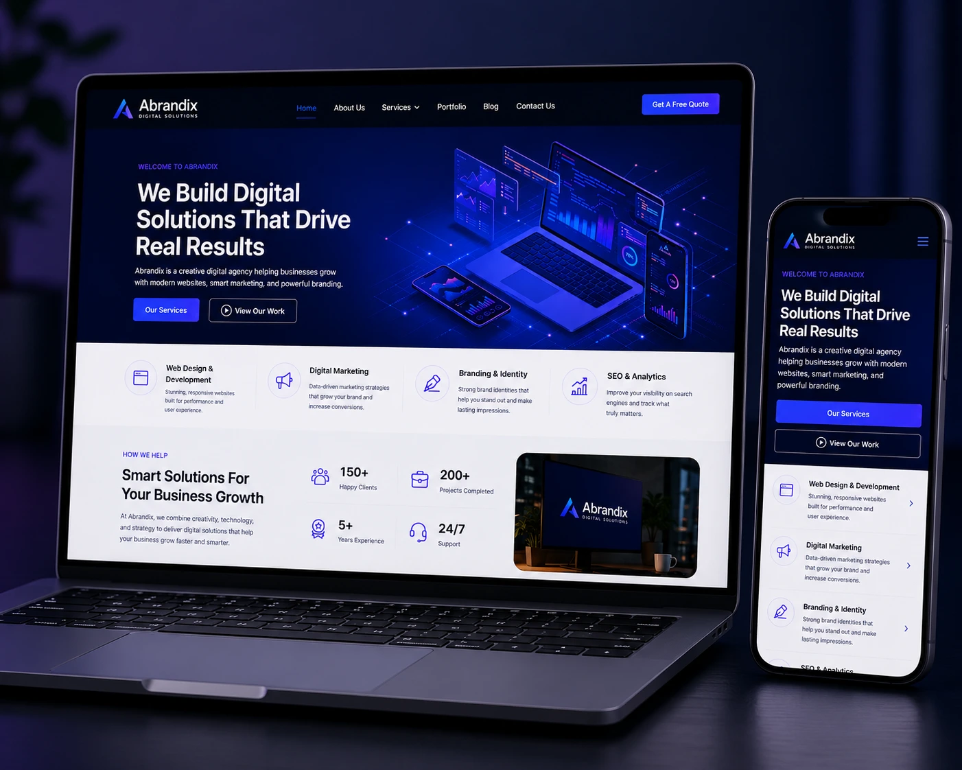 Abrandix digital solutions displayed on laptop and mobile devices