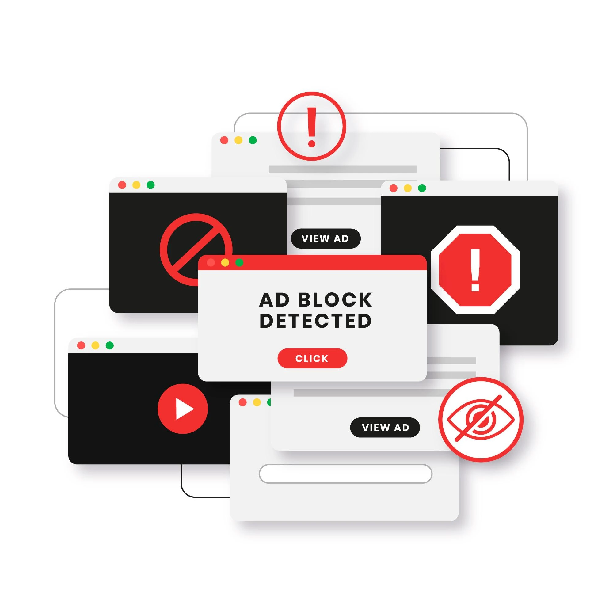 Warning popups representing fake websites and online scams