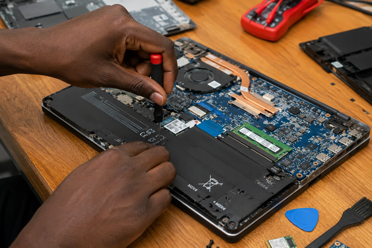 Laptop maintenance work showing opened computer components