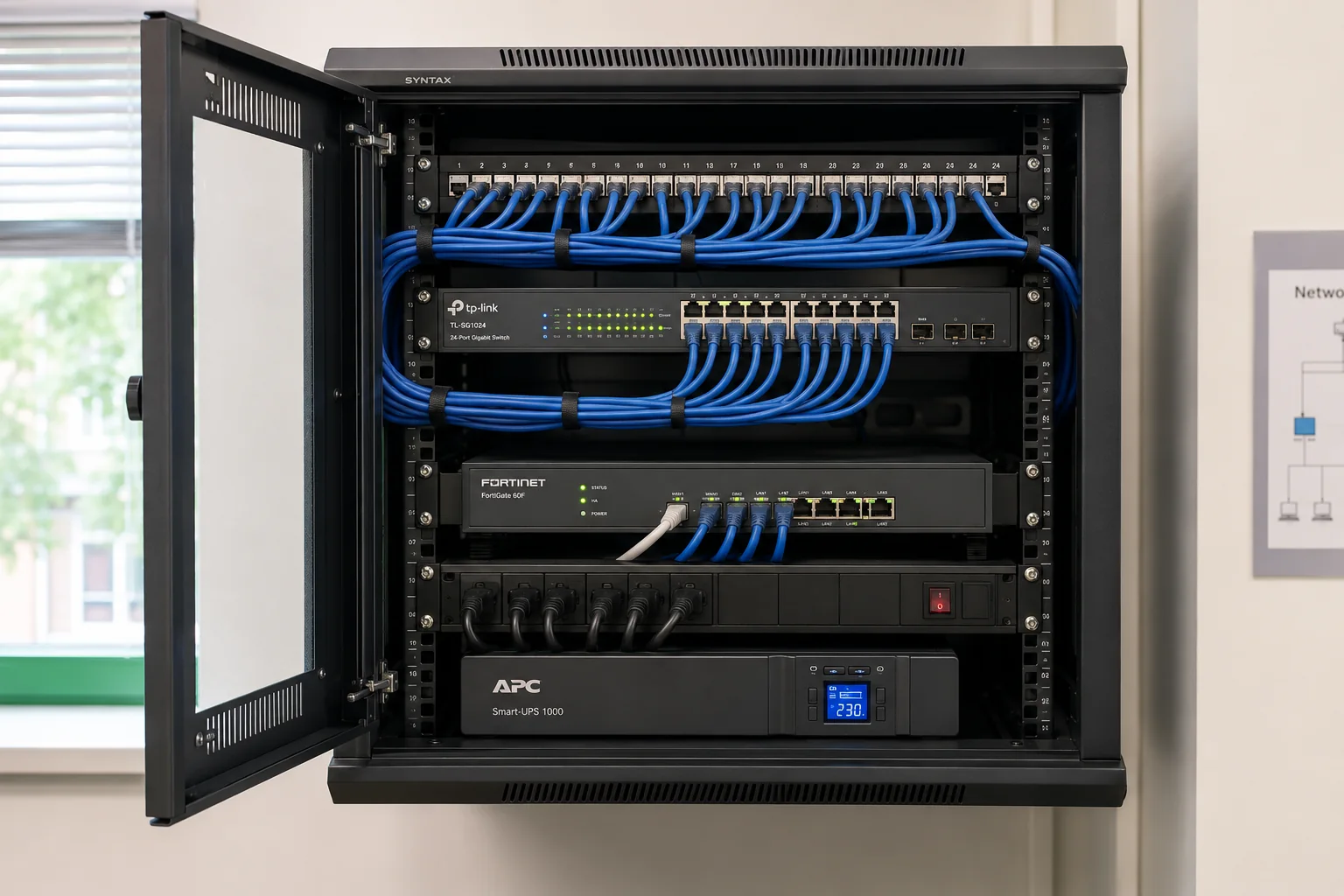 Installed network cabinet with organized cabling