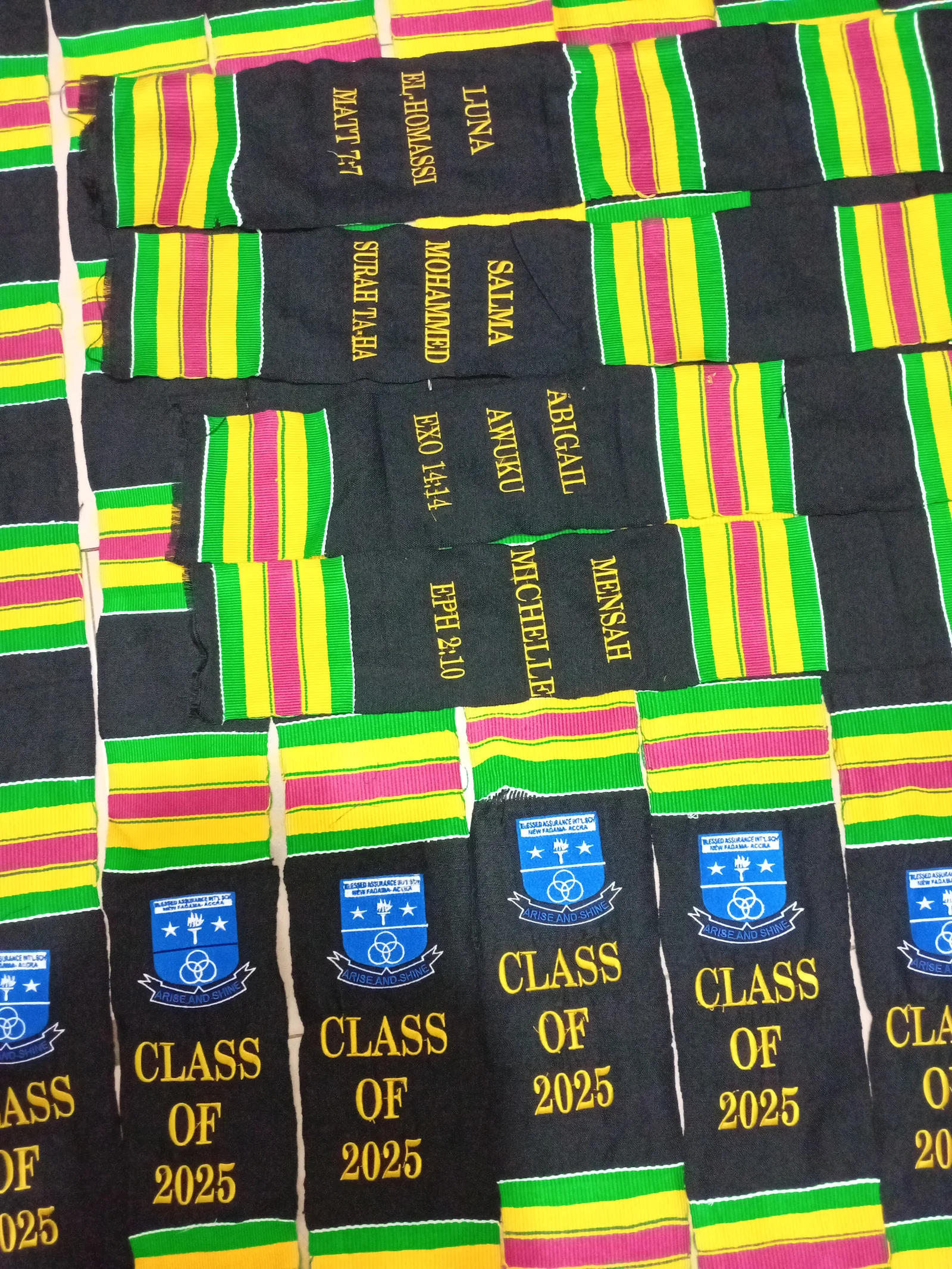 Graduation sashes with embroidered names and class year