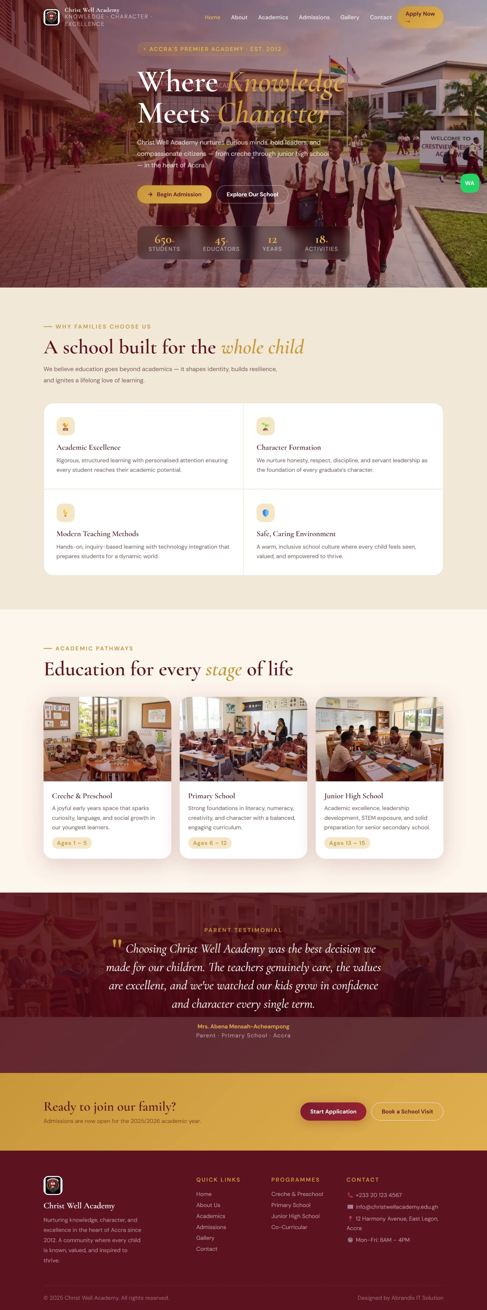 Screenshot of the Christ Well Academy school website developed by Abrandix